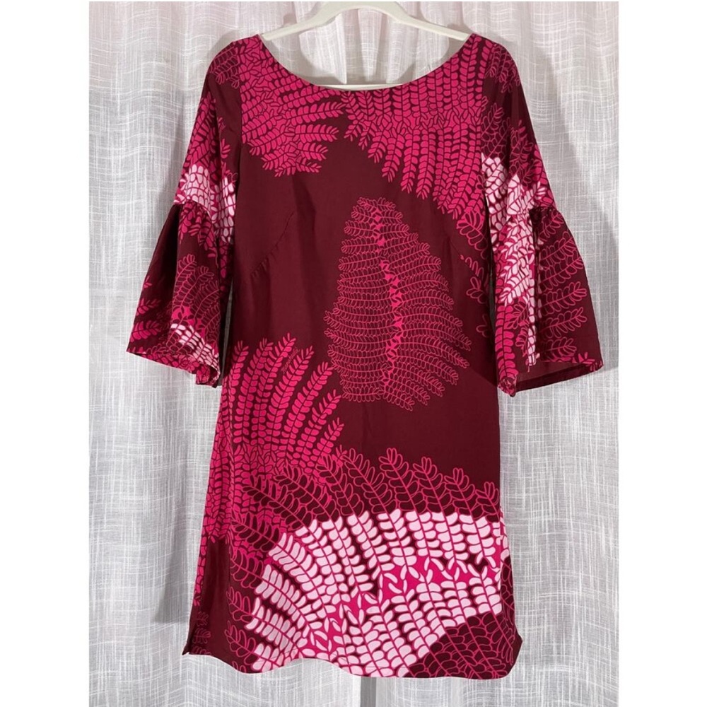 Manuheali'i Womens Midi Dress M Pink Hawaiian Aloha Print Tropical Flare Sleeve